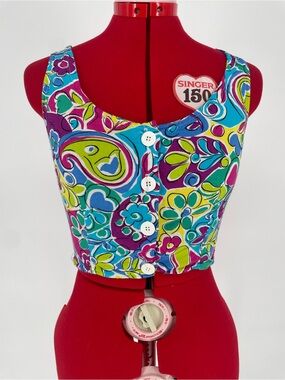 80s 90s Vibrant Colorful Button Front Retro Crop Top Shirred Criss Cross Back